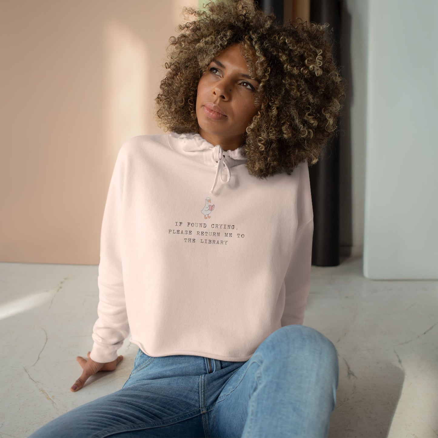 Mood-Boosting Crop Hoodie IF FOUND CRYING RETURN ME TO THE LIBRARY, Casual Wear, Inspirational Apparel, Gift for Friends, Cozy Fashion Statement
