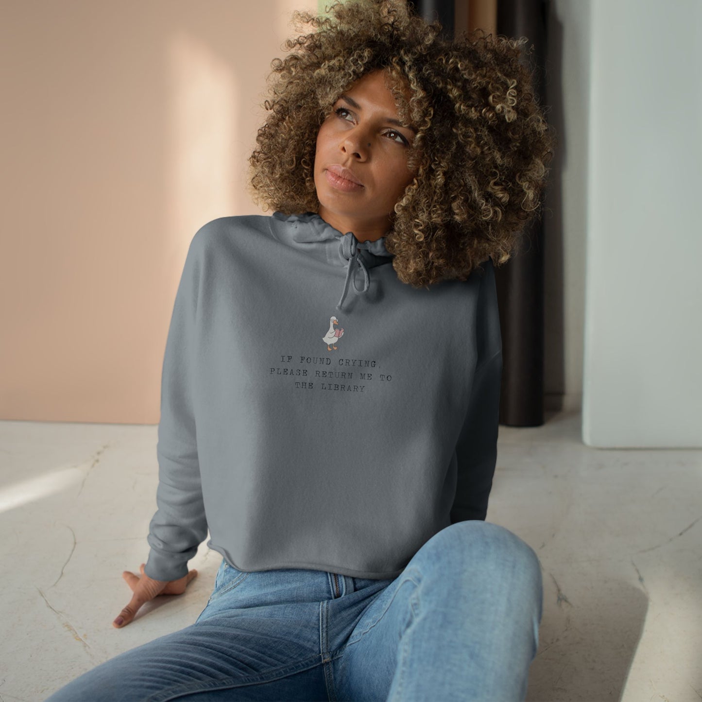 Mood-Boosting Crop Hoodie IF FOUND CRYING RETURN ME TO THE LIBRARY, Casual Wear, Inspirational Apparel, Gift for Friends, Cozy Fashion Statement