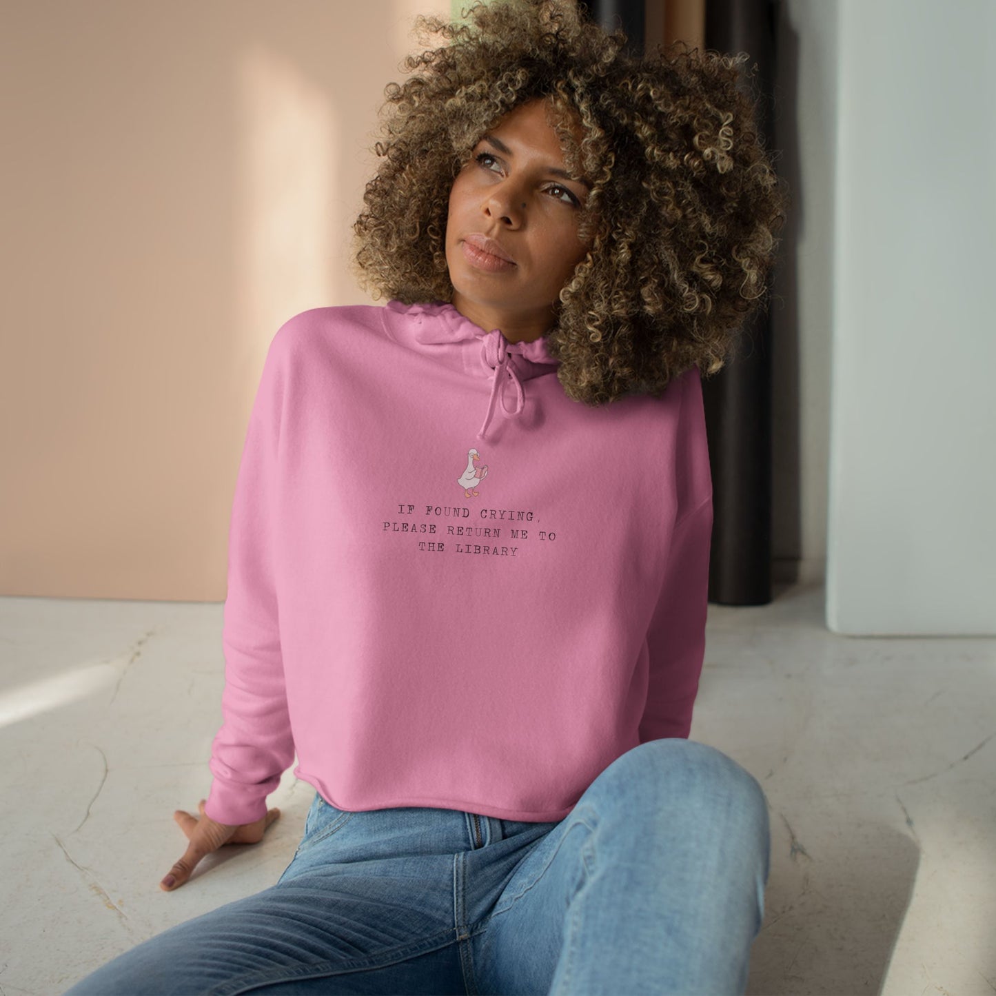 Mood-Boosting Crop Hoodie IF FOUND CRYING RETURN ME TO THE LIBRARY, Casual Wear, Inspirational Apparel, Gift for Friends, Cozy Fashion Statement