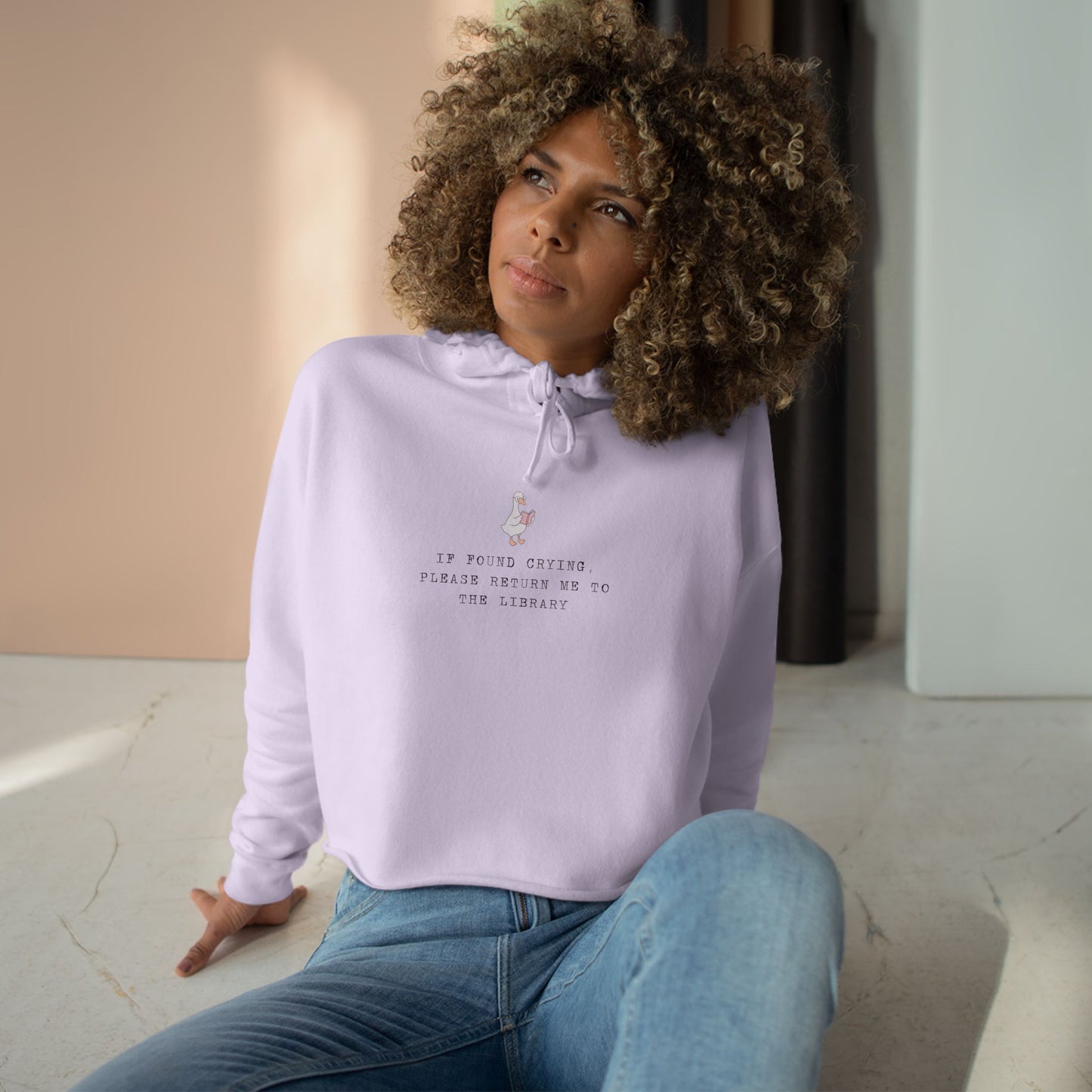 Mood-Boosting Crop Hoodie IF FOUND CRYING RETURN ME TO THE LIBRARY, Casual Wear, Inspirational Apparel, Gift for Friends, Cozy Fashion Statement