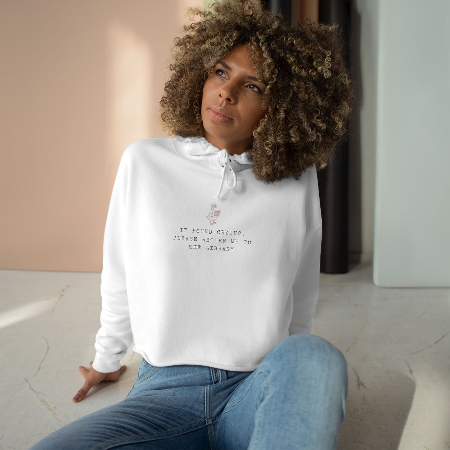 Mood-Boosting Crop Hoodie IF FOUND CRYING RETURN ME TO THE LIBRARY, Casual Wear, Inspirational Apparel, Gift for Friends, Cozy Fashion Statement