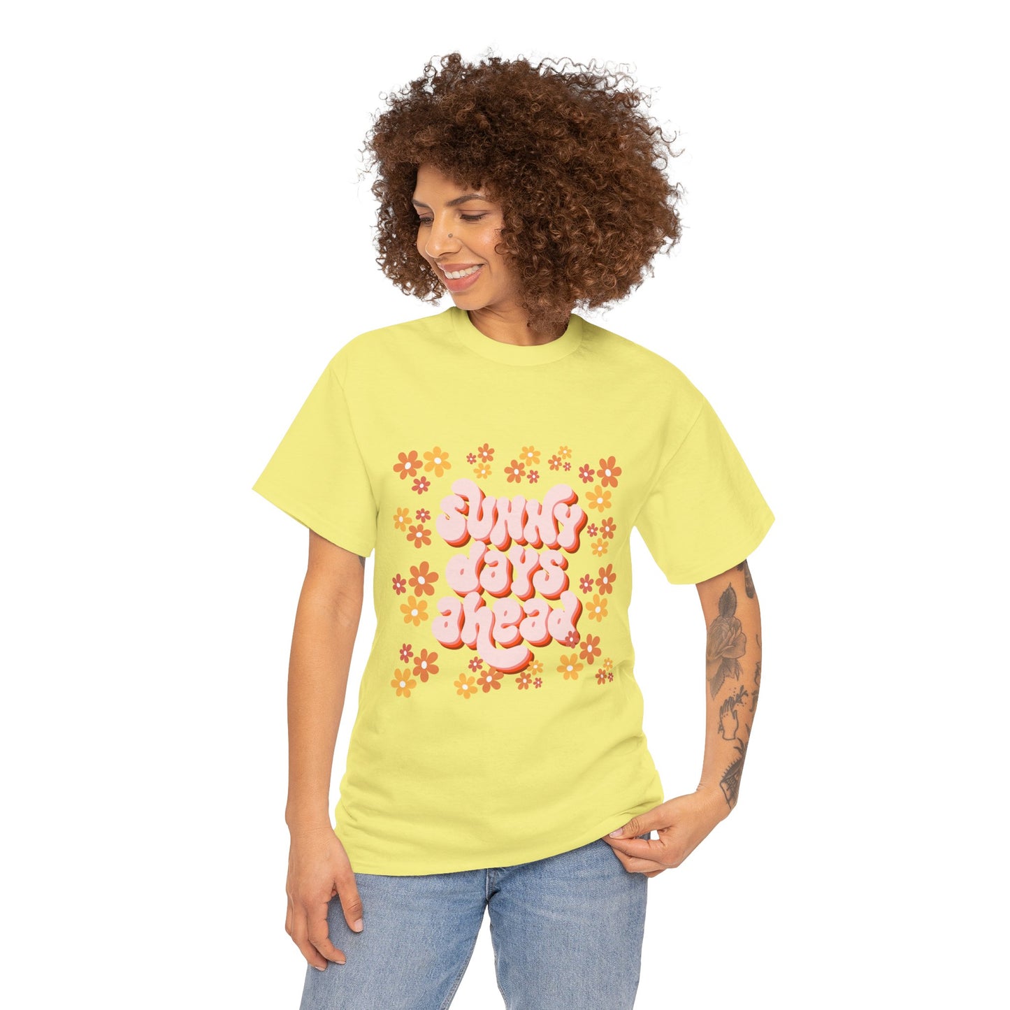 Sunny Days Ahead Tee, Unisex Cotton Tee, Flower Graphic Shirt, Casual Summer T-Shirt, Positive Vibes Apparel, Gift for Friends